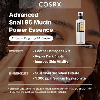 COSRX Snail Mucin 96% Power Repairing, Hydrating Serum with Snail Secretion, Korean Skincare